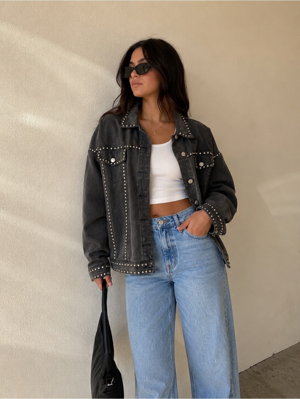 POL Studded Black Denim Jacket | Western Chic Oversized Jean Jacket | L